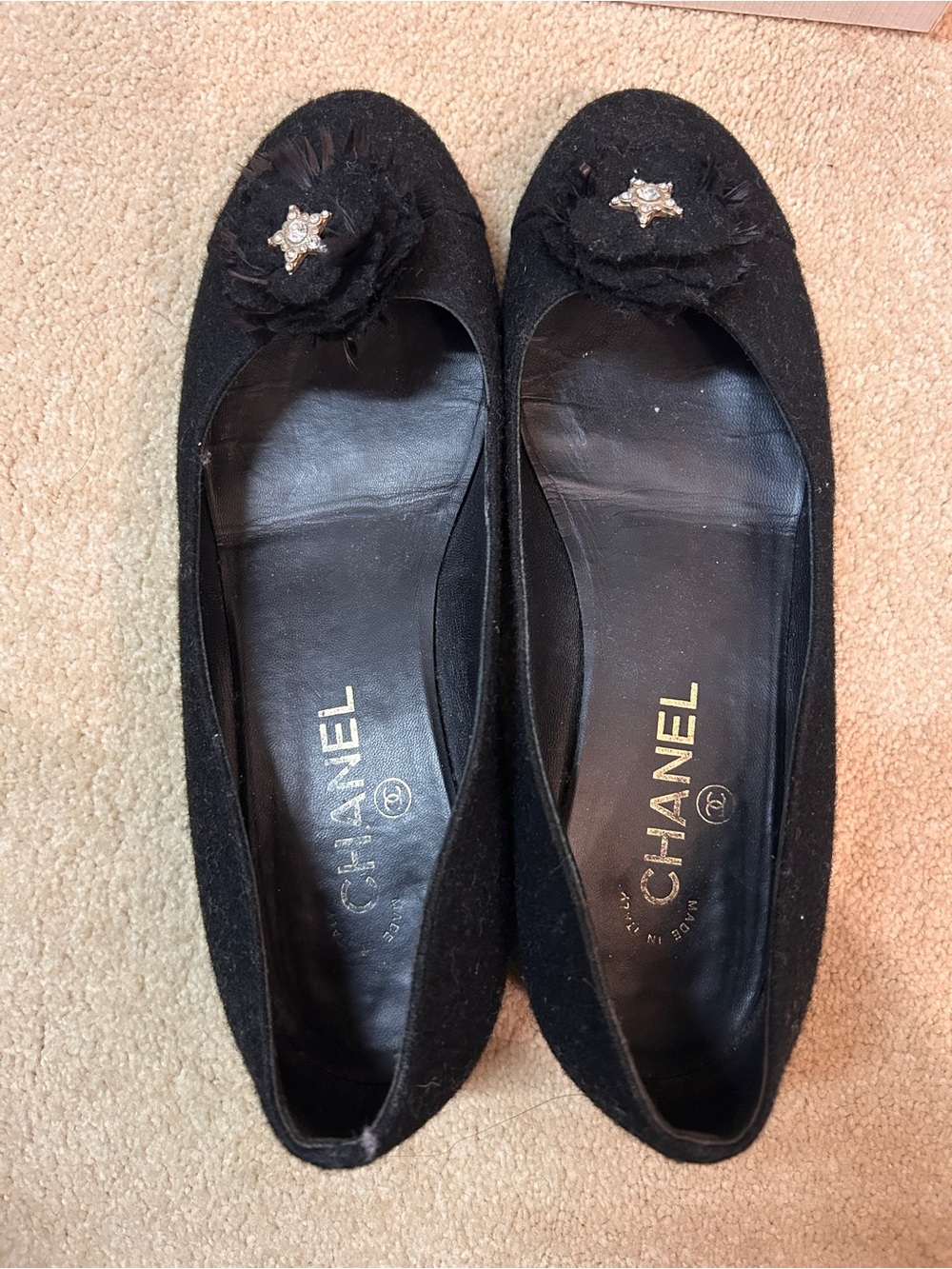 CHANEL Black Floral Leather Insole Ballet Flats